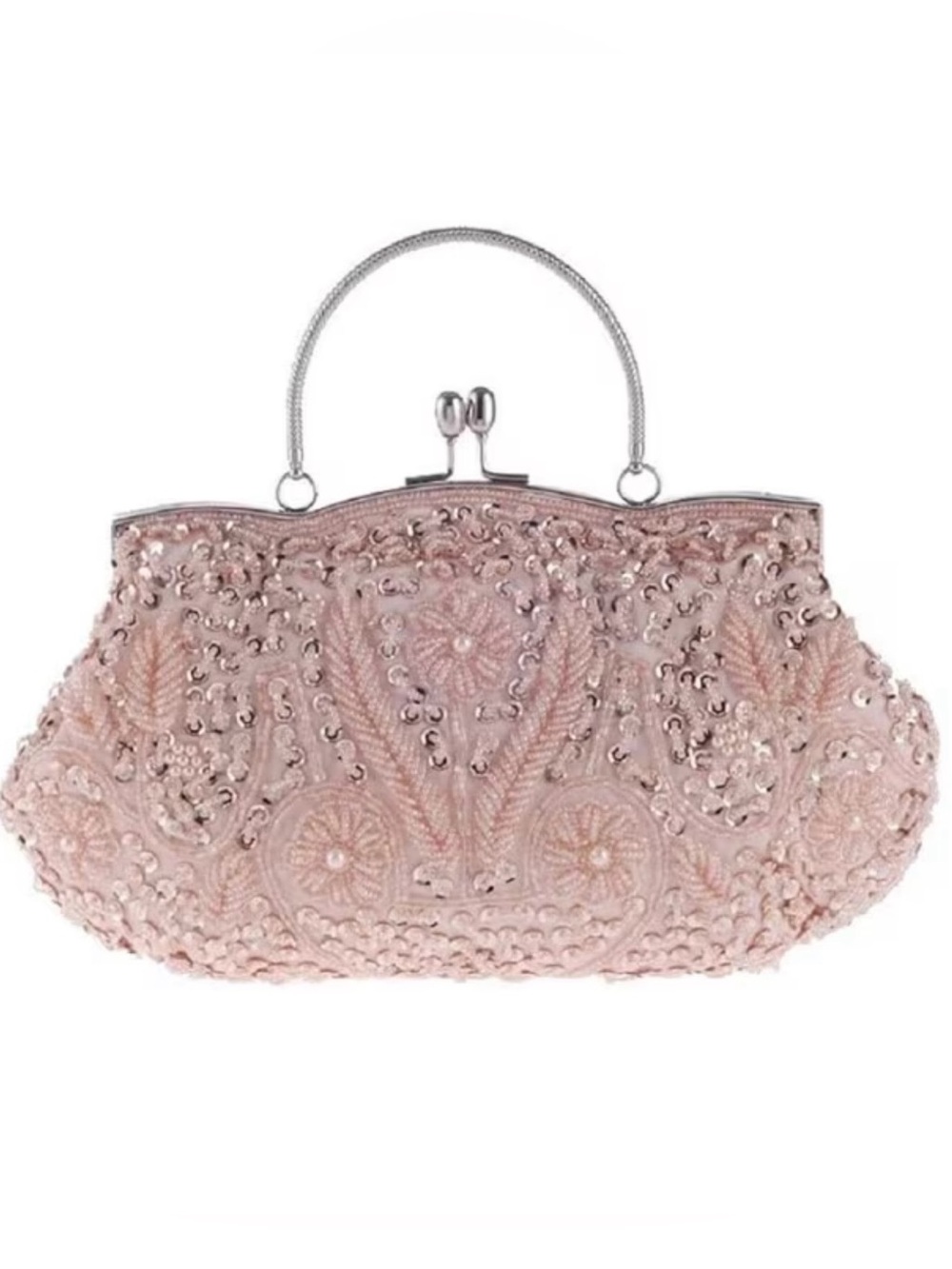 Vintage-Style Pink Evening Clutch Decorated w/ Intricate Seed Beads and Sequins